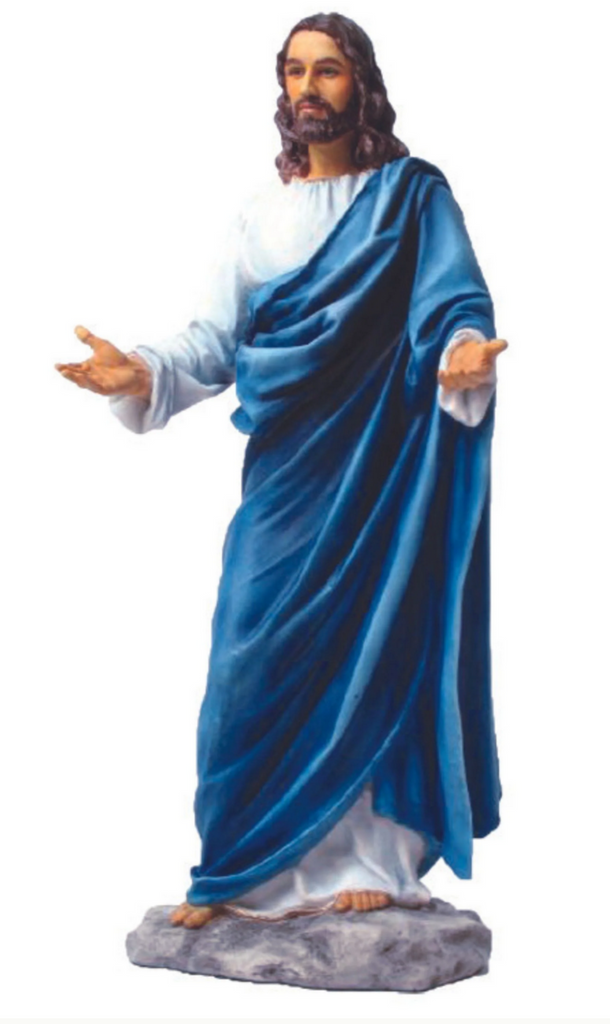 Welcoming Christ statue finely crafted with attention to detail.