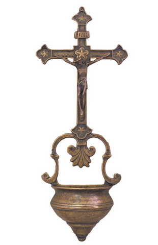 Crucifixion Holy Water Font Antique Brass 14 Inch Tall