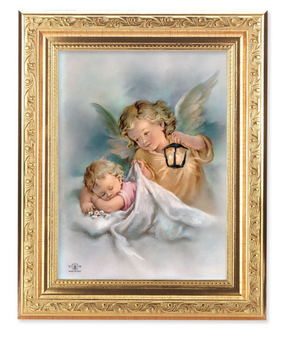 Guardian Angel with Lamp Baby Print In Gold Frame