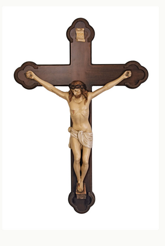 Crucifix in Hand Painted Alabaster on a Budded Wood Cross Italy 24 inch tall