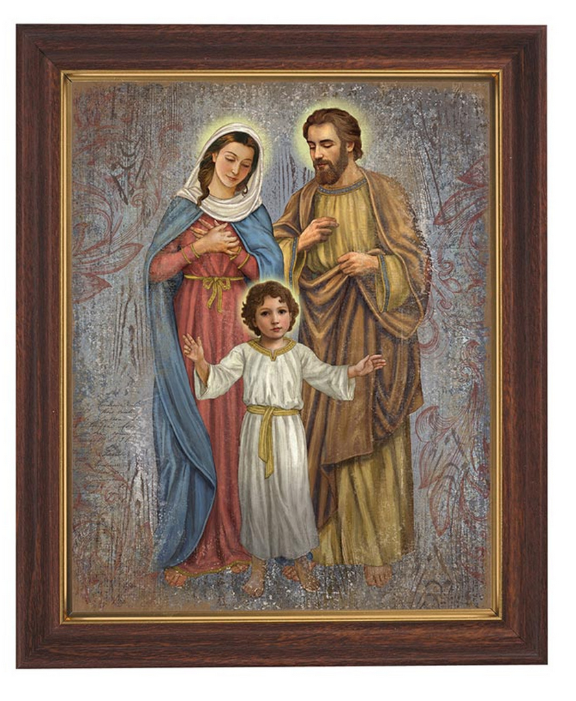 Holy Family Print In  Wooden Frame With Glass  Bring the holy family into your home with this beautifully crafted print in a sturdy wood tone and glass. Let the serene image inspire a sense of peace and love. Perfect for any room in your home or as a thoughtful gift for loved ones.