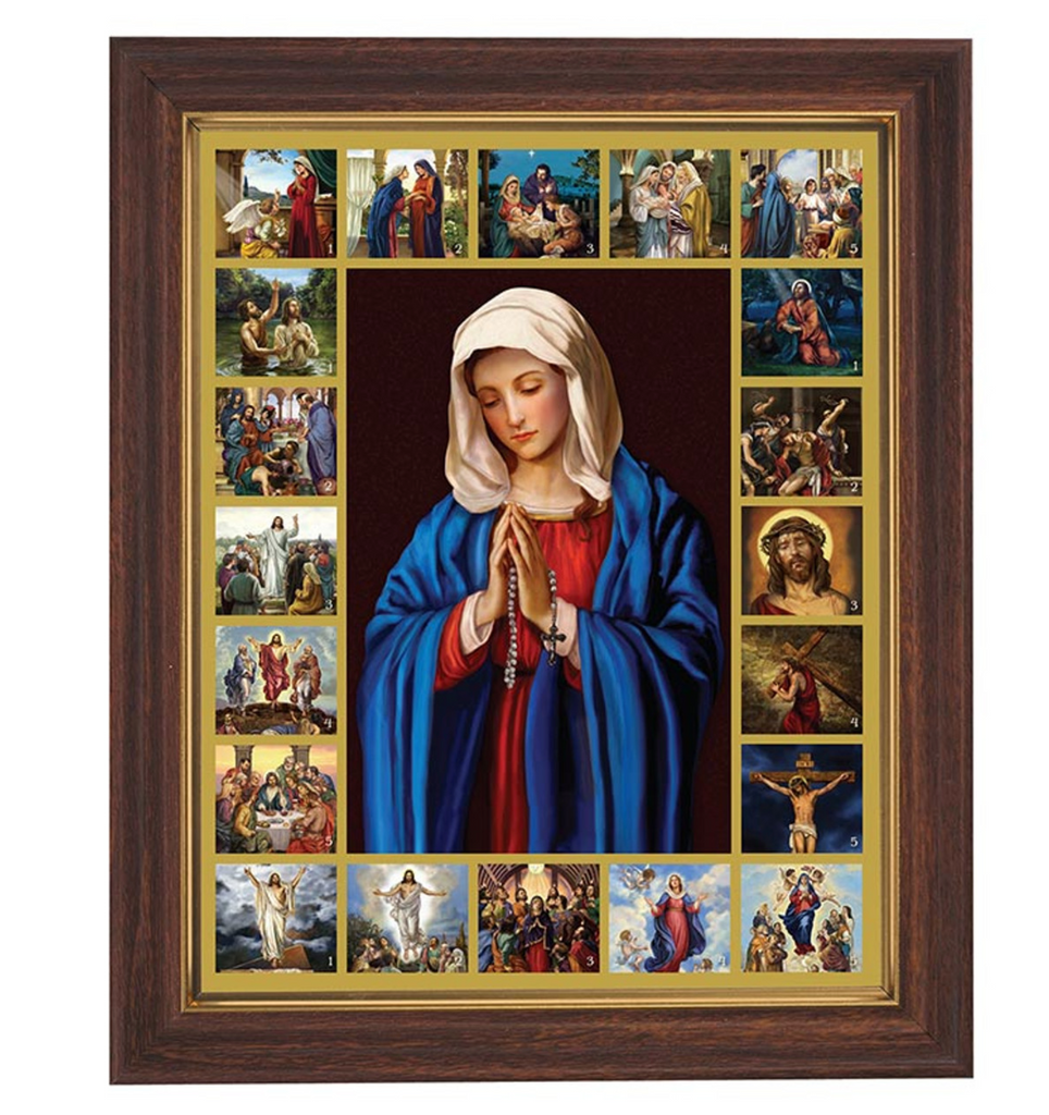 Mysteries of the Rosary Religious Print In Wood Tone Frame With Glass  Discover the beauty and wonder of the Mysteries of the Rosary with this religious print in a stunning wood tone frame. The glass covering adds a touch of elegance while protecting the print, making it a perfect addition to any home or office. Find solace and inspiration with this piece.