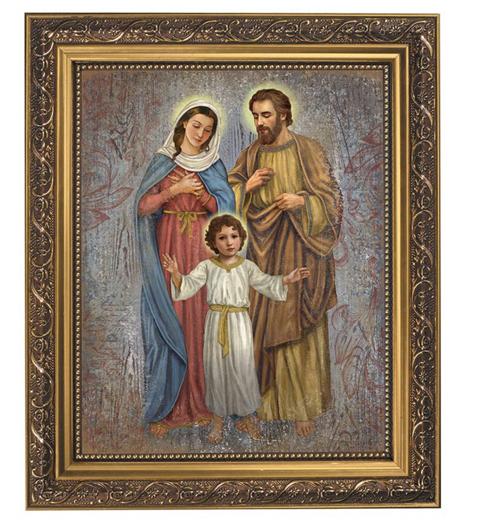 Holy Family Print In Ornate Frame With Glass  Bring the holy presence of the Holy Family into any home with this exquisite print in an ornate frame. Perfect for house warming, Catholic, or traditional religious gifts. Enhance any room with this beautiful reminder of faith.