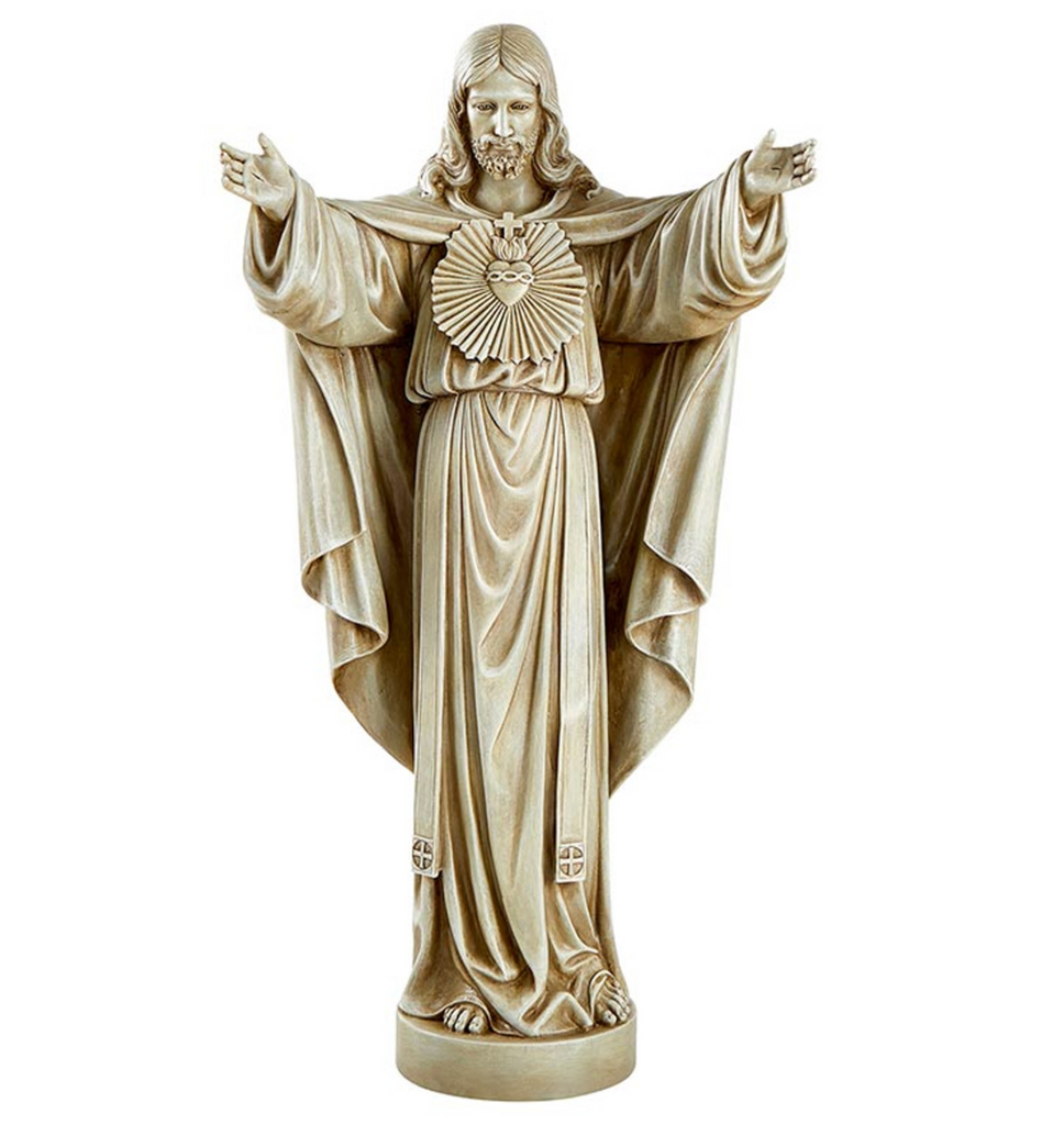 Sacred Heart Of Jesus Garden Statue   Bring the inspiration and beauty of the Sacred Heart of Jesus into your garden or at the grave. With hands open wide, this garden statue features the iconic sacred heart at its center. A symbol of love and devotion, this statue will add a spiritual touch to any outdoor space.  Made of resin mixture  Measures 22 inch tall