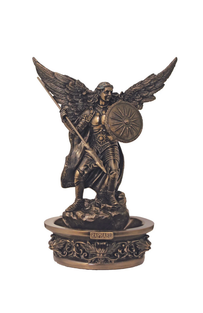 Archangel Raphael Holy Water Font  
Invite the healing energy of Archangel Raphael into your home with our Holy Water Font. This versatile piece can be hung on a wall or displayed on a table top, bringing a sense of peace and protection to any space. Crafted in cold cast bronze, it measures 7.25 inches and is the perfect addition to your spiritual practice.