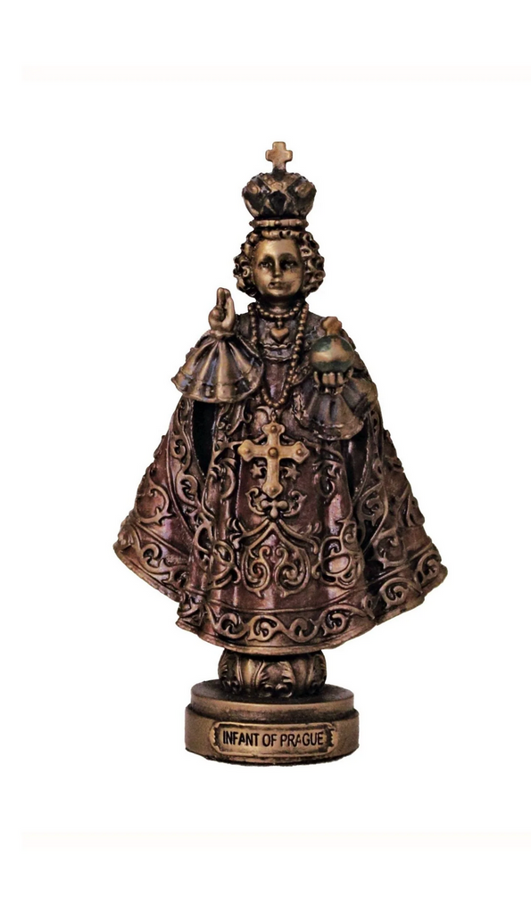Infant of Prague Statue  3.5 Inch
Add a touch of divinity to your home with this 3.5 inch Infant of Prague statue. Hand-painted in cold cast bronze, this small but exquisite piece is perfect for any desk, bedside, or bookshelf. It also makes an affordable yet meaningful gift for any occasion. Experience the peaceful presence and serenity of the Infant of Prague in your own space.
Finished in lightly painted cold cast bronze