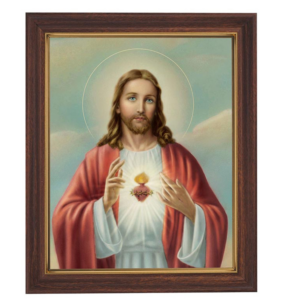 Sacred Heart of Jesus Print In Wood Tone frame
