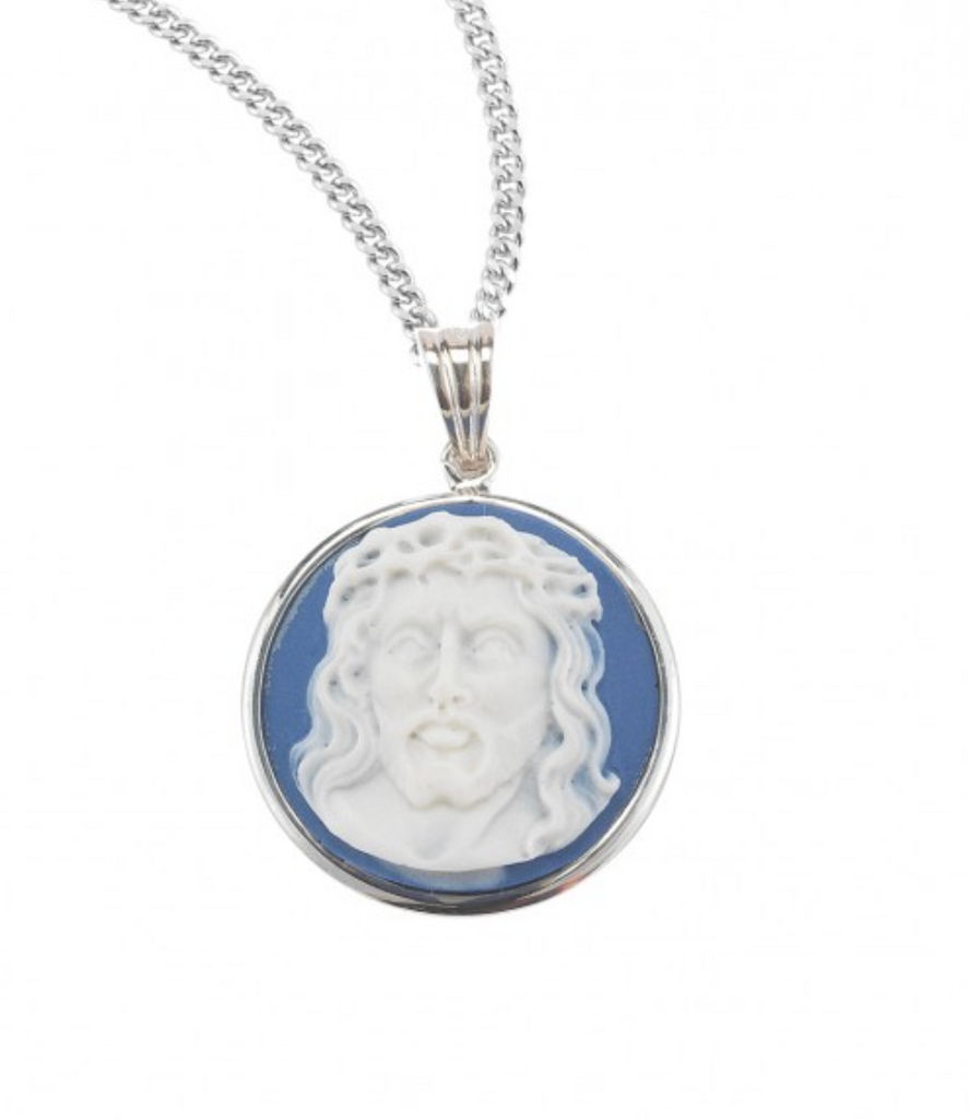 Head of Christ Light Blue Cameo Medal