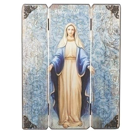 Our Lady of Grace Madonna Wooden Pannel Wall Plaque 17 Inch Tall