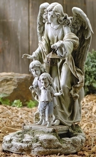 Guardian Angel With Children Solar Light Up Garden Statue Angel