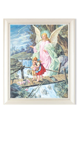 Guardian On Bridge With Children Print In Pearl Frame With Glass