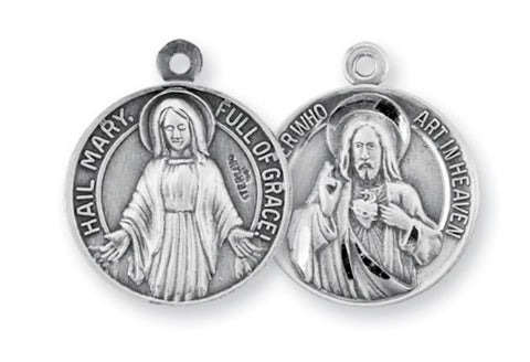 Hail Mary And Jesus Our Father Sterling Silver Round Medal On Chain