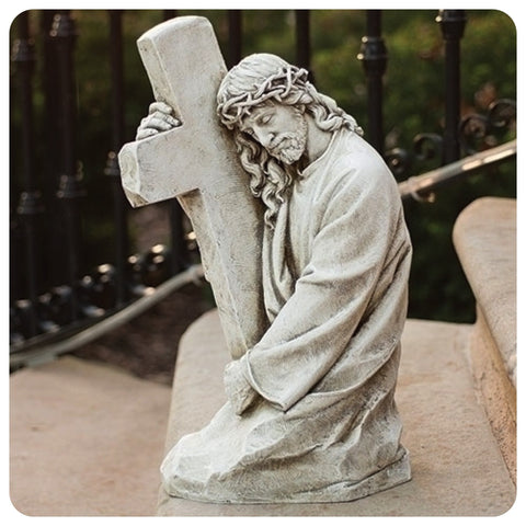 Jesus Holding Cross With Crown Of Thorns Garden Or Memorial Statue