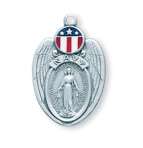 Sterling Silver Navy Miraculous Medal With Wings On Chain