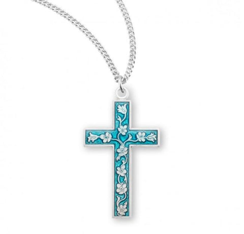Blue Floral Enameled Sterling Silver Cross