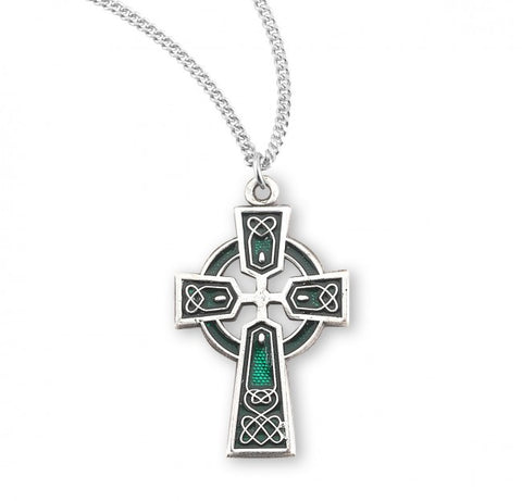 Sterling Silver Green Celtic Cross Pendant On Chain