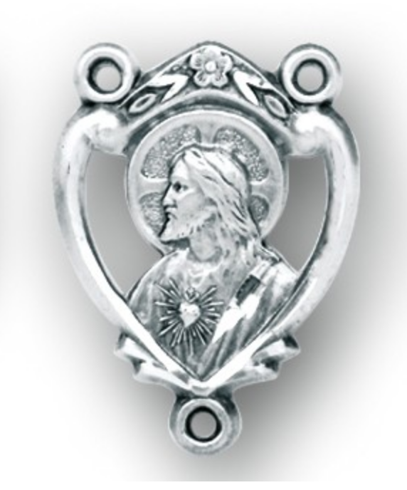 Sacred Heart Of Jesus Sterling Silver Heart Shaped Rosary Centerpiece