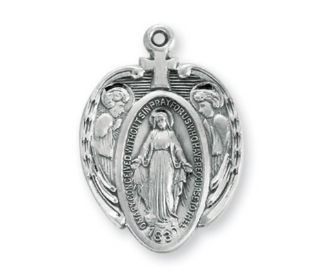 Sterling Silver Heart Shaped Miraculous Medal With Angels Pendant