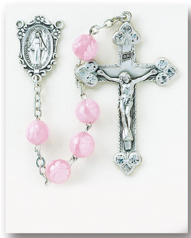 Sterling SIlver Miraculous Medal Pink Venetian Glass Flower Catholic Rosary