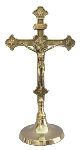 Shiny Brass Standing Altar Cross With Round Base