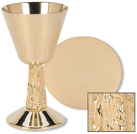 Gold Plated Satin Cup with Hand Cast Vine Stem Chalice and Paten Set