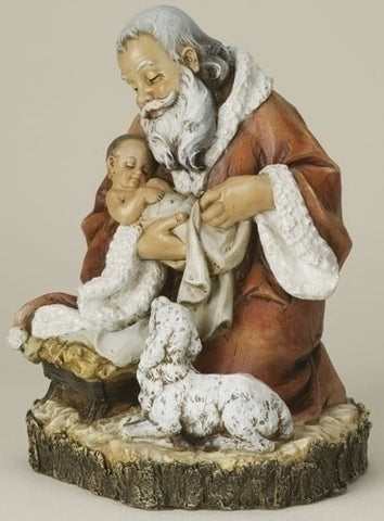 Adoring Santa Holding Baby Jesus With Lamb Christmas Statue