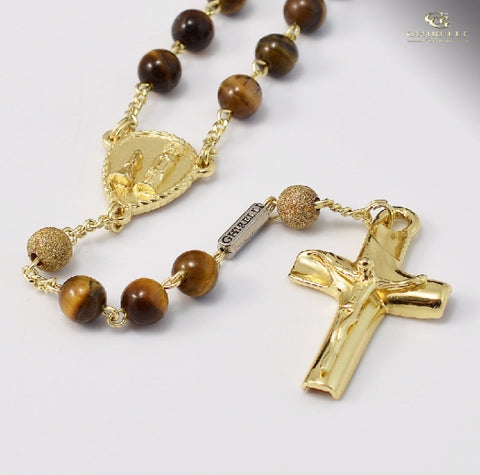 Tiger’s Eye & Sterling Silver Precious Rosary Gold Plated Finish   By Ghirelli