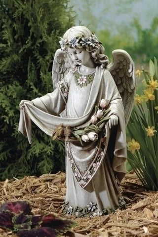 Guardian Angel Holding Dove With Flowers Garden Statue