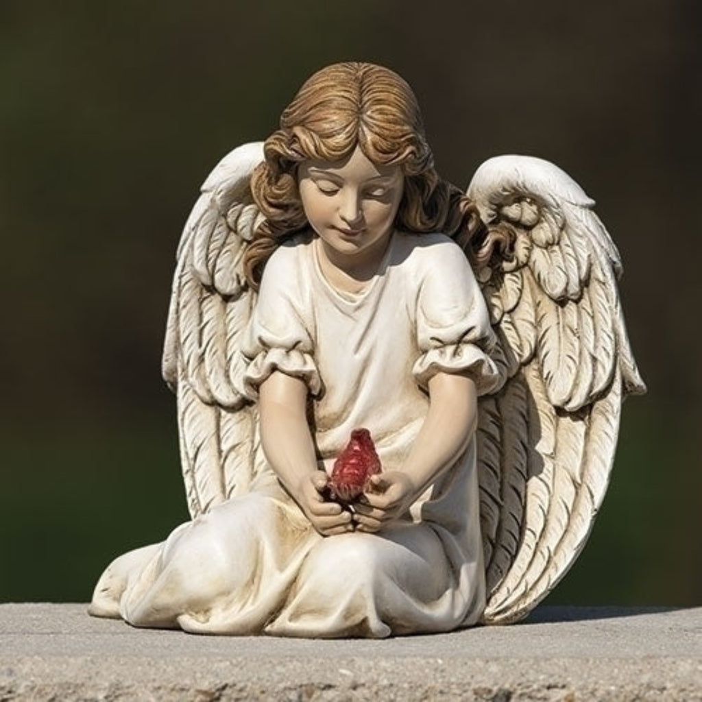 Angel Figure Holding Cardinal Statue Garden or Grave