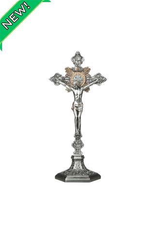 Standing Saint Benedict Crucifix Pewter Style 9.5 Inch