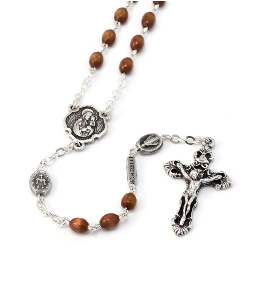 Saint Joseph Wood and Silver Rosary By Ghirelli