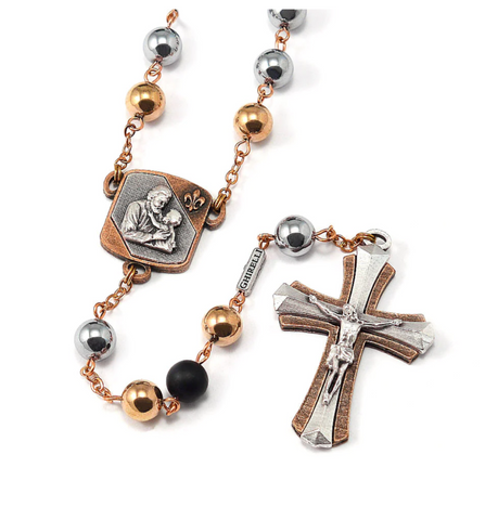 Saint Joseph Rosary in Copper, Silver & Hematite Rosary By Ghirelli