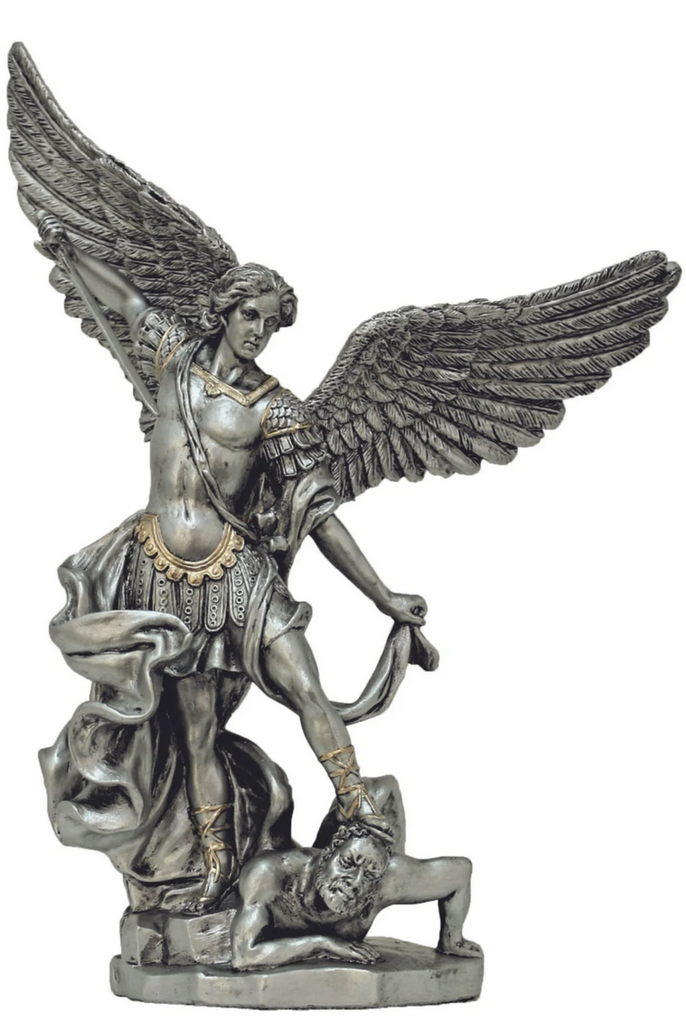 St. Michael in pewter style finish with gold highlights