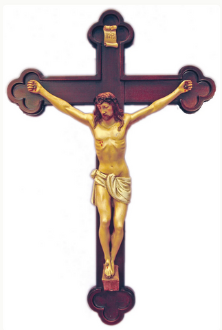 Crucifix in Hand Painted Alabaster on a Budded Wood Cross Italy 24 inch tall