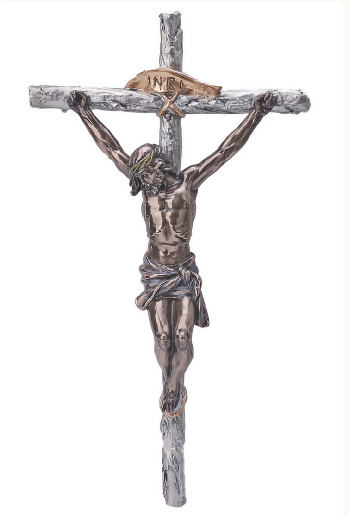 Crucifix with cold cast bronze Corpus on pewter style cross with gold highlights 16 Inch Tall