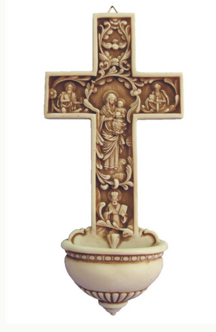 Antiqued Holy Water Font In Alabster Madonna And Child With Holy Spirit And Saints