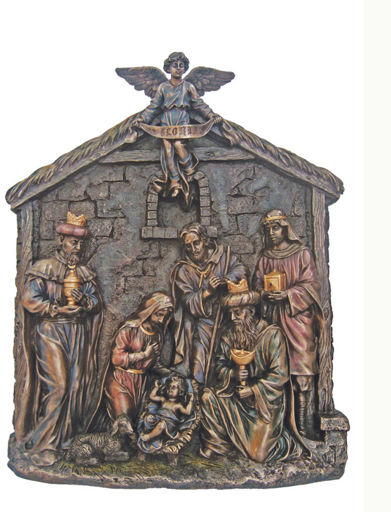 Nativity Plaque in lightly hand-painted cold cast bronze