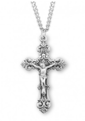 Ornate Sterling Silver Fancy Crucifix On Chain 2 1/4 Inch Tall