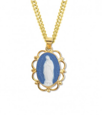 Our Lady of Guadalupe Dark Blue Cameo With Gold over Sterling Silver