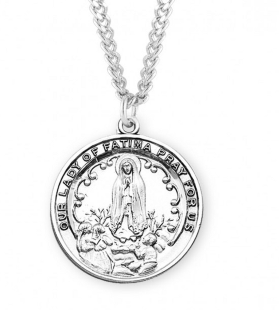 Our Lady Of Fatima Round Sterling Silver Medal On Chain 
