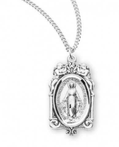Madonna Sterling Silver Miraculous Medal With Cherubs On Chain