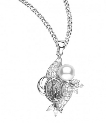 Miraculous Medal with 12 Stars Cubic Set Zircons Sterling Silver