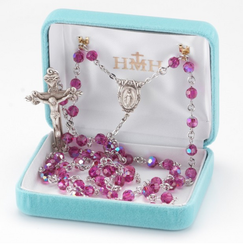 Ornate Fuschia Swarovski Crystal Catholic Rosary