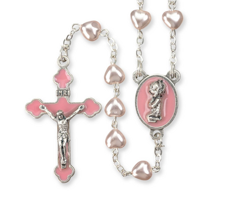 Little Girl Baby Pink Heart Rosary  Made in Italy