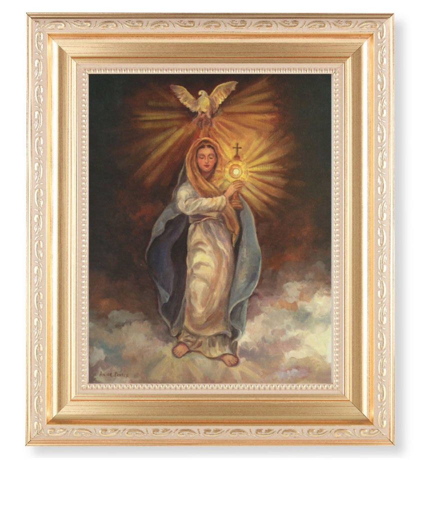 Mary with Monstrance Print In Gold Frame With Glass 