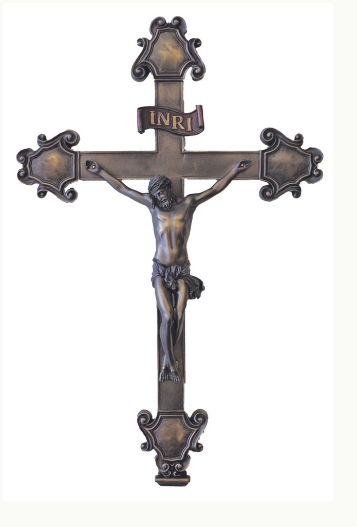 Jesus INRI Budded Wall Cross Cold Cast Bronze Crucifix