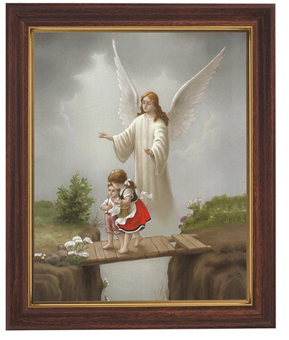 Guardian Angel With Children Print in Wood Tone Frame