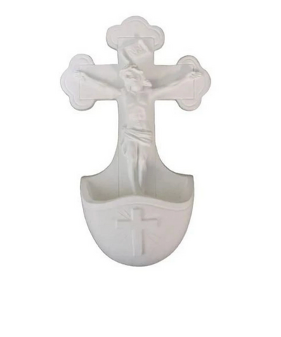 Crucifixion holy water font in white alabaster & resin