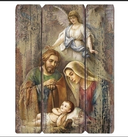 Holy Family With Angel Wood Panel Wall Plaque