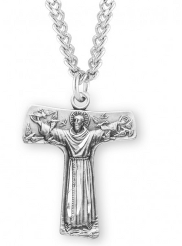 Saint Francis of Assisi Tau Sterling Silver Cross Medal On 18 Inch Chain